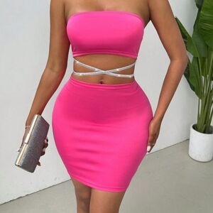 Pink Strapless Bodycon Dress with Silver Accents